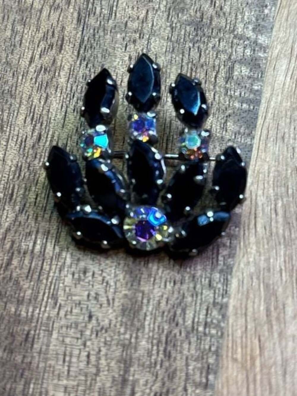 Vintage Made in Germany Black Marquise Glass & Aurora Borealis Rhinestone Brooch